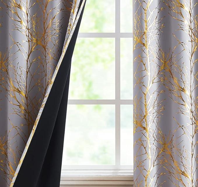 Metallic Tree Blackout Curtains Black 90x50in x2 Thermal Insulated - Massive Discounts
