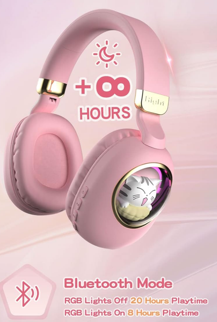 Pink headphones with RGB lights and playtime display on a light pink background