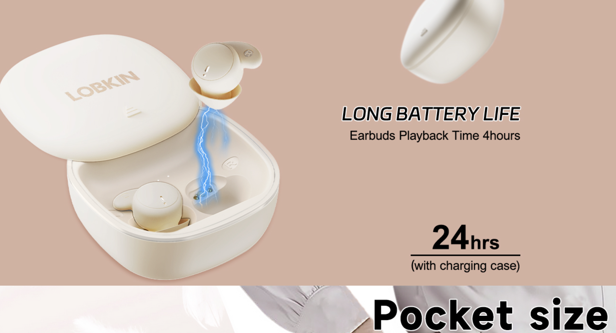 Wireless earbuds with charging case on a beige background, featuring LOKKIN branding.