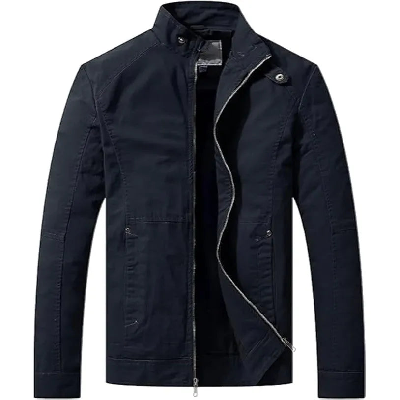 Navy blue jacket with a zipper on a white background