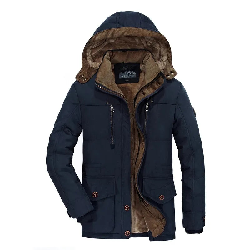 Navy blue jacket with brown fur lining on a white background