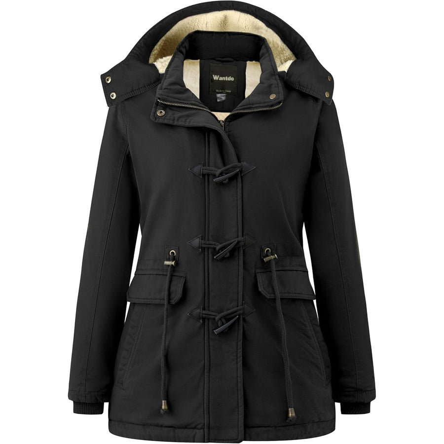 Black parka coat with beige lining on a white background