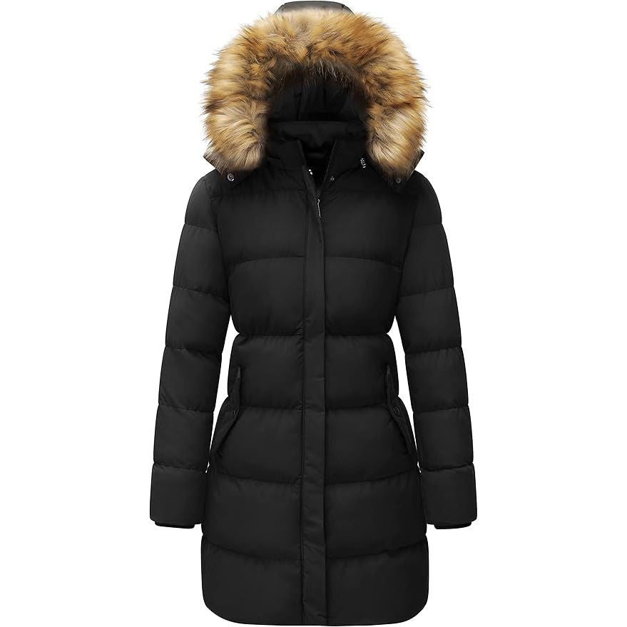 Black puffer coat with a fur-lined hood on a white background
