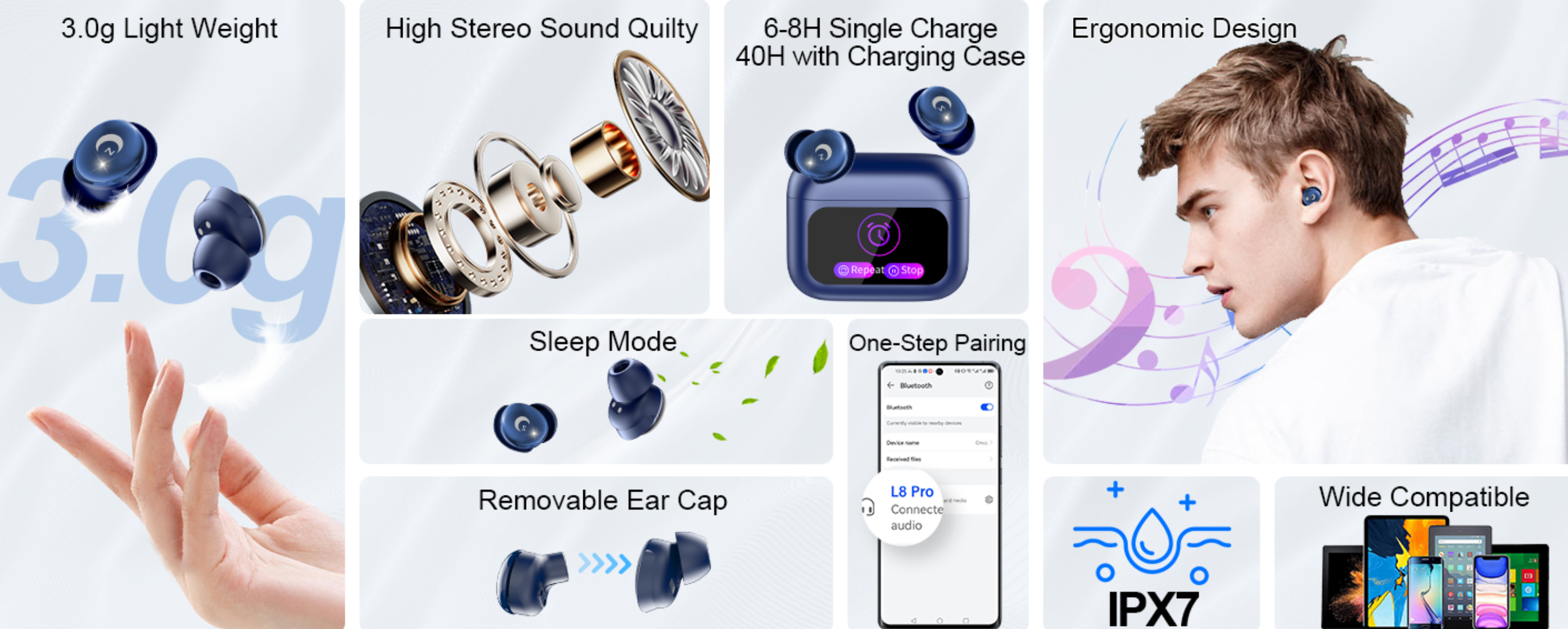 Earpiece with features listed on a white background