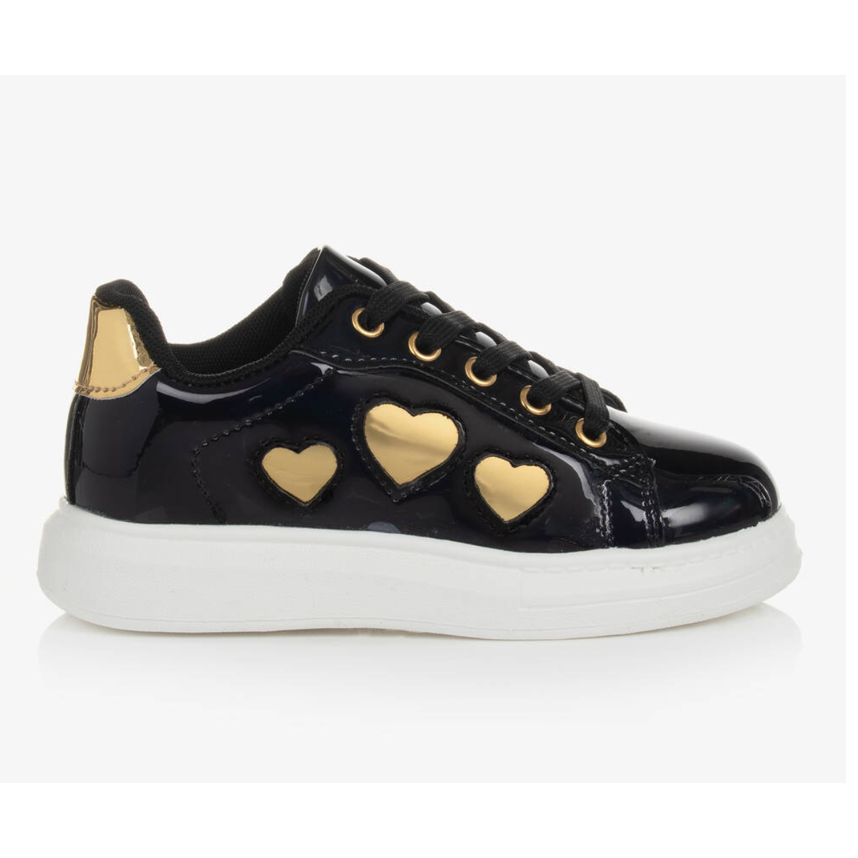 A Dee Black Patent Trainers with Gold Heart Children Size UK 8 / EU 25-Massive Discounts