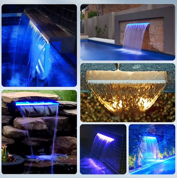 Collage of various waterfalls with LED lighting effects in different settings.