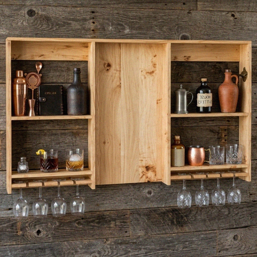 Wooden bar cabinet with shelves and hanging glasses against a rustic wooden wall.