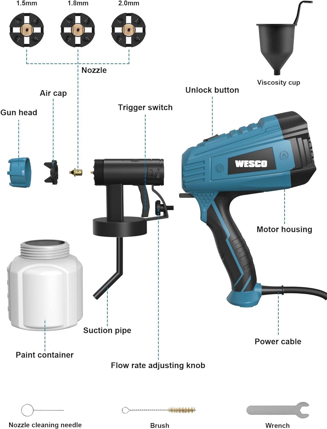 WESCO Paint Sprayer 500W DIY Electric Spray Gun with 3 Spray Patterns - Massive Discounts
