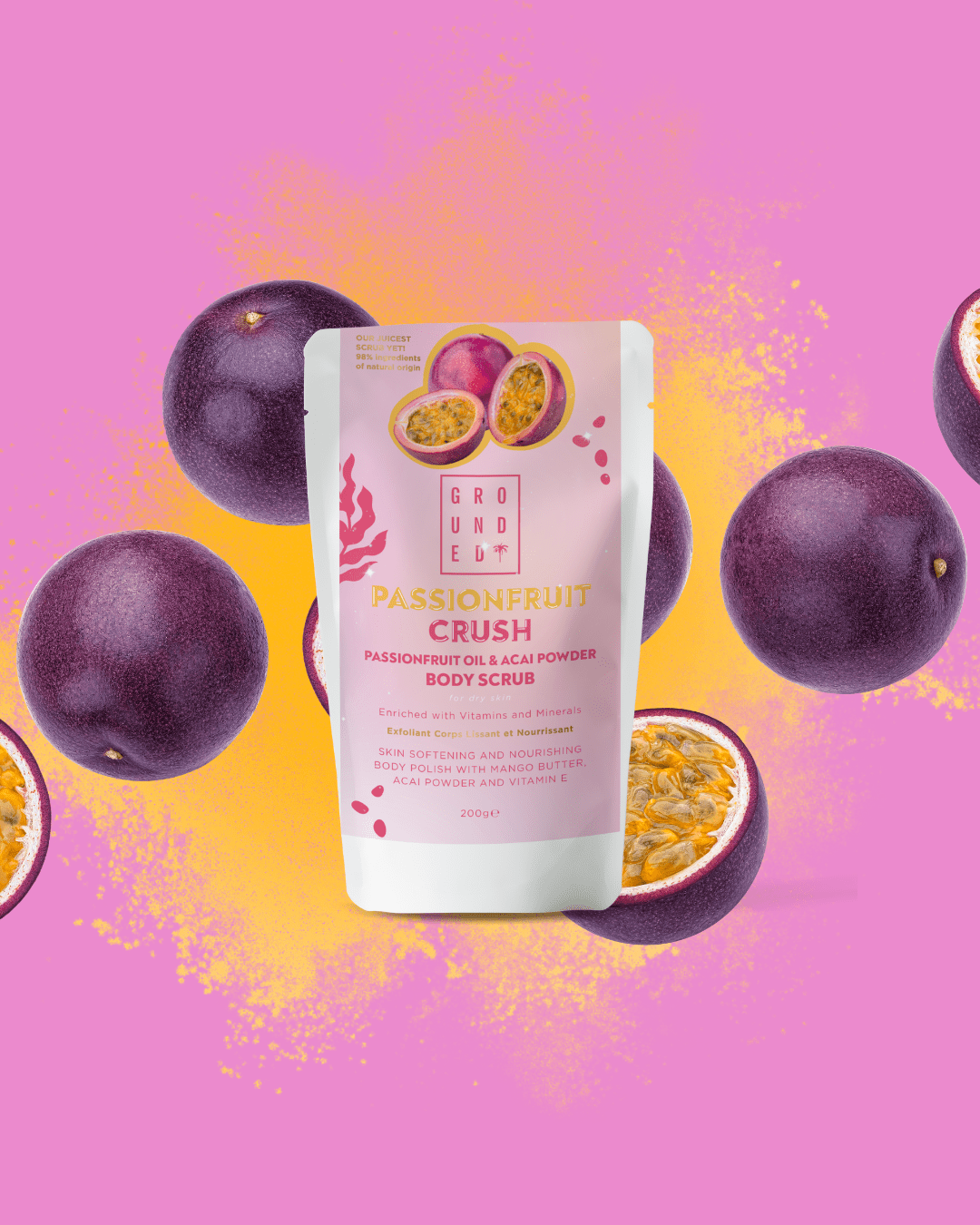 Passionfruit crush body scrub packaging with passionfruits on a colorful background