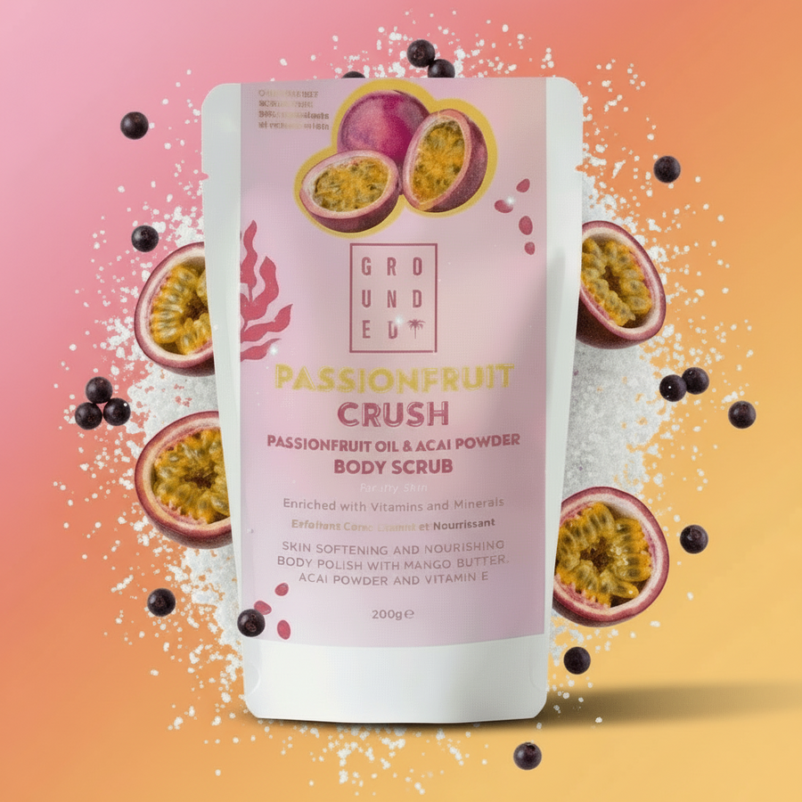 Passionfruit crush body scrub packaging with passionfruit and black pepper on a gradient background
