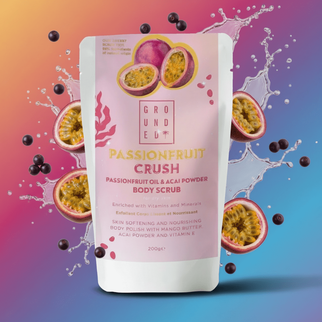 Grounded Passionfruit Crush body scrub packaging with passionfruit and acai powder graphics on a colorful background.