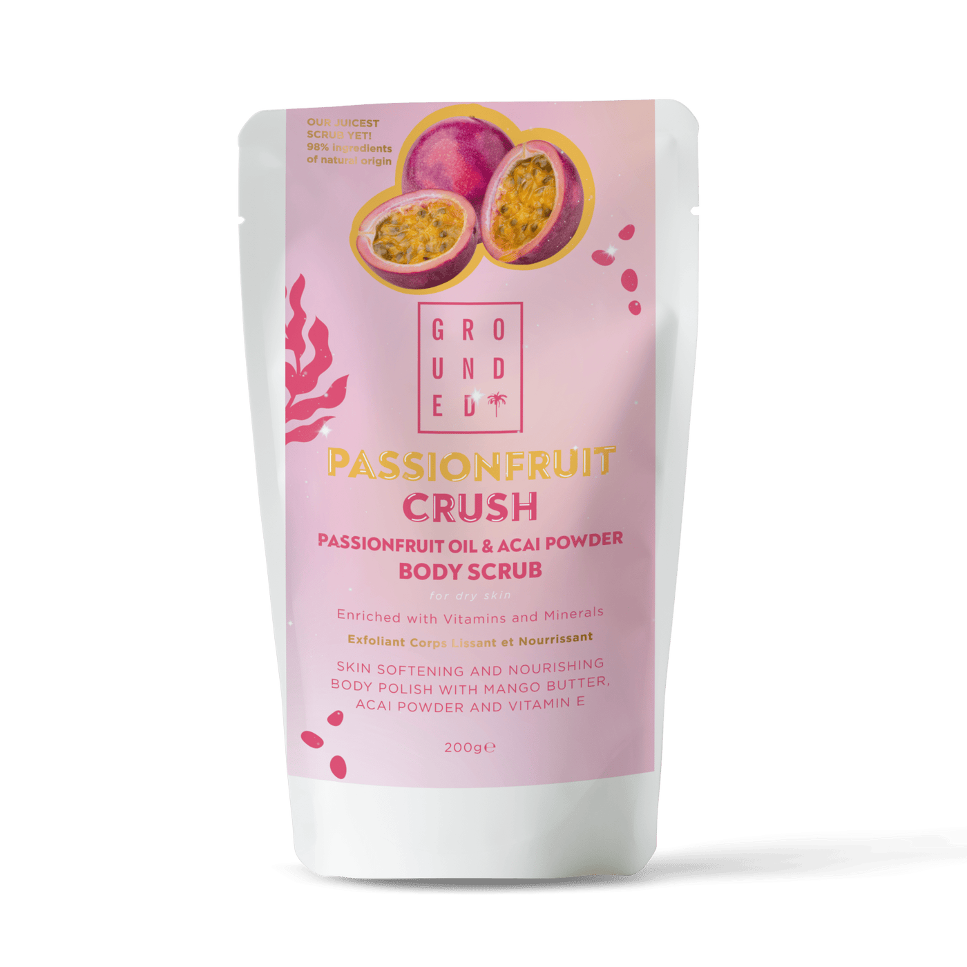 Passionfruit crush body scrub packaging on a white background