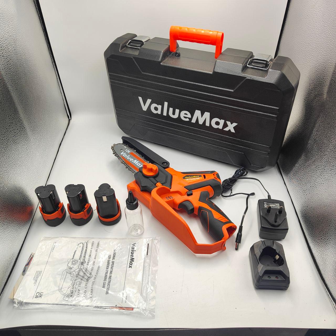 ValueMax Mini Chainsaw 4in Cordless, 12V, 3 Batteries, Quick Charger