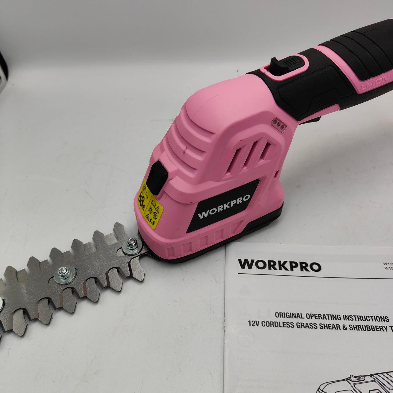 WORKPRO 12V Cordless Hedge Trimmer, 1 Battery, 1 Blade, Pink, for Gardening