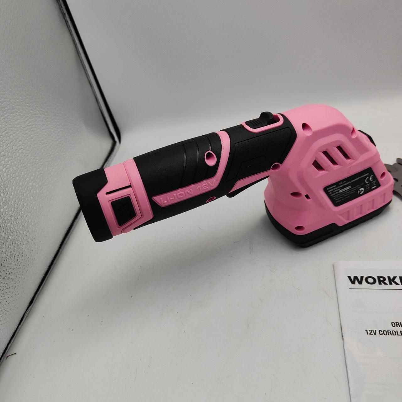 WORKPRO 12V Cordless Hedge Trimmer, 1 Battery, 1 Blade, Pink, for Gardening