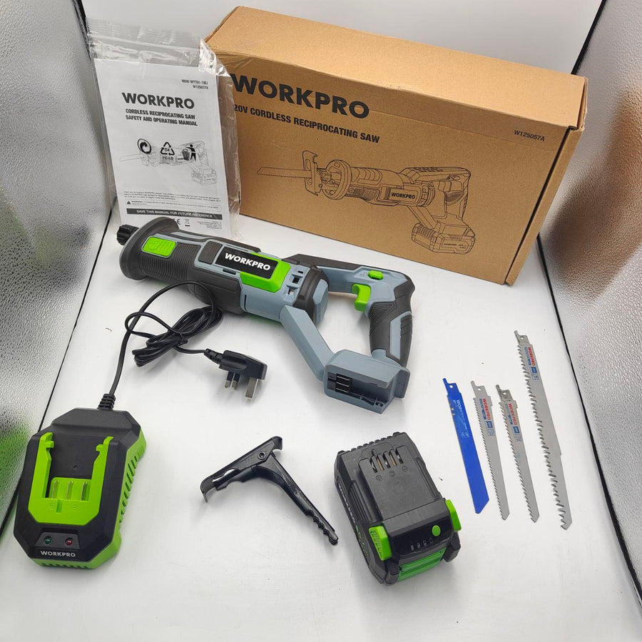 WORKPRO 20V Cordless Reciprocating Saw, 4.0Ah Battery, 25mm Stroke, 4 Blades