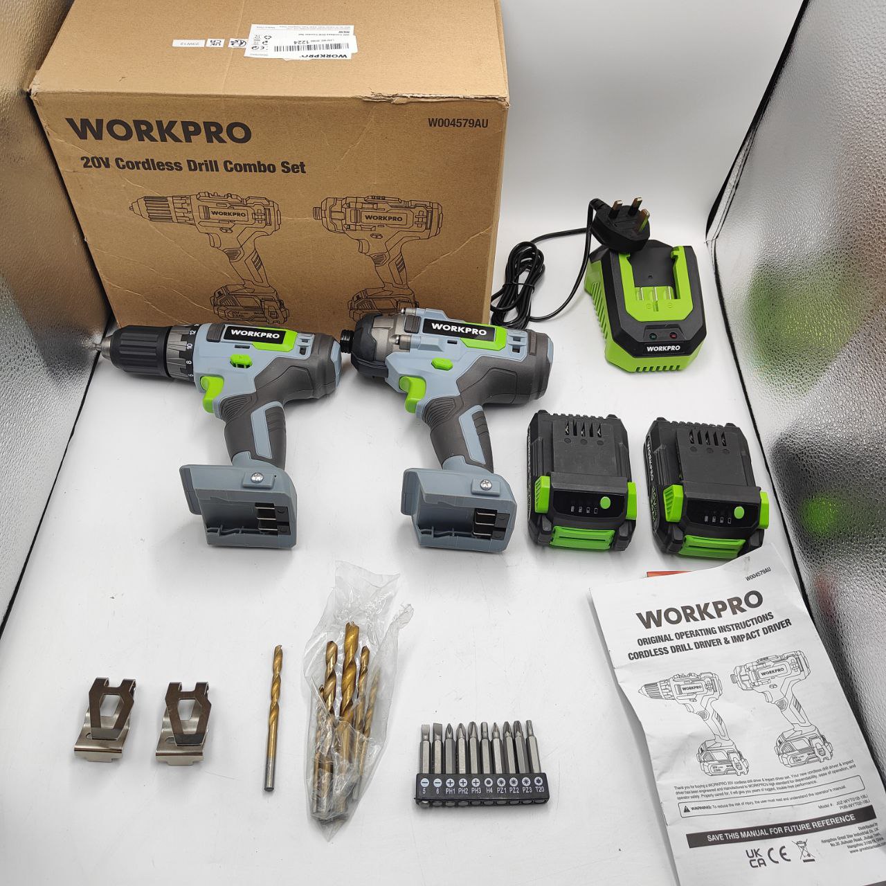 WORKPRO 20V Cordless Drill & Impact Driver, 2 x 2.0Ah Batteries, Charger