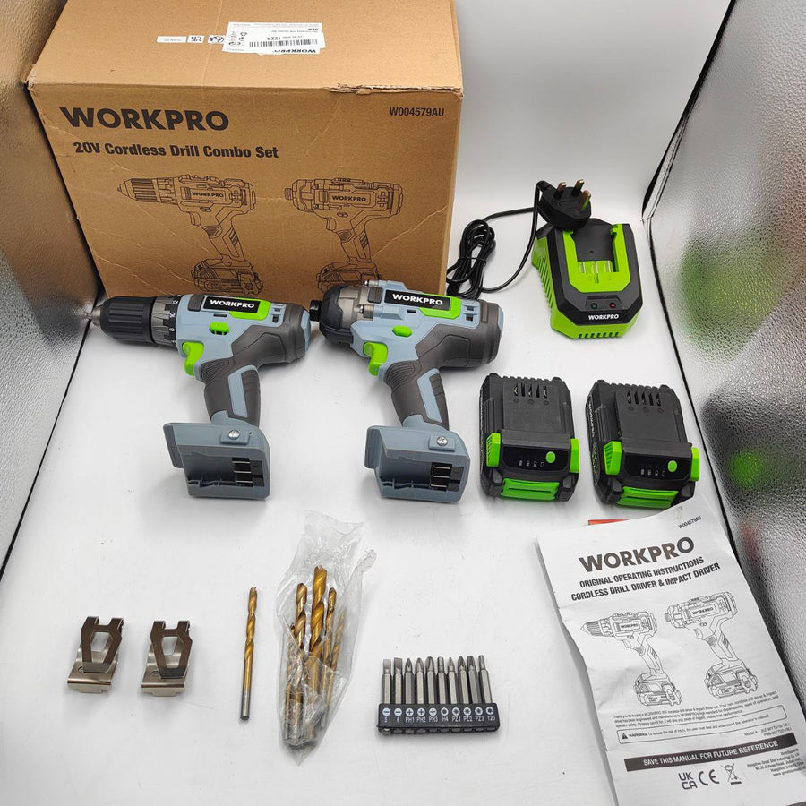 WORKPRO 20V Cordless Drill & Impact Driver, 2 x 2.0Ah Batteries, Charger