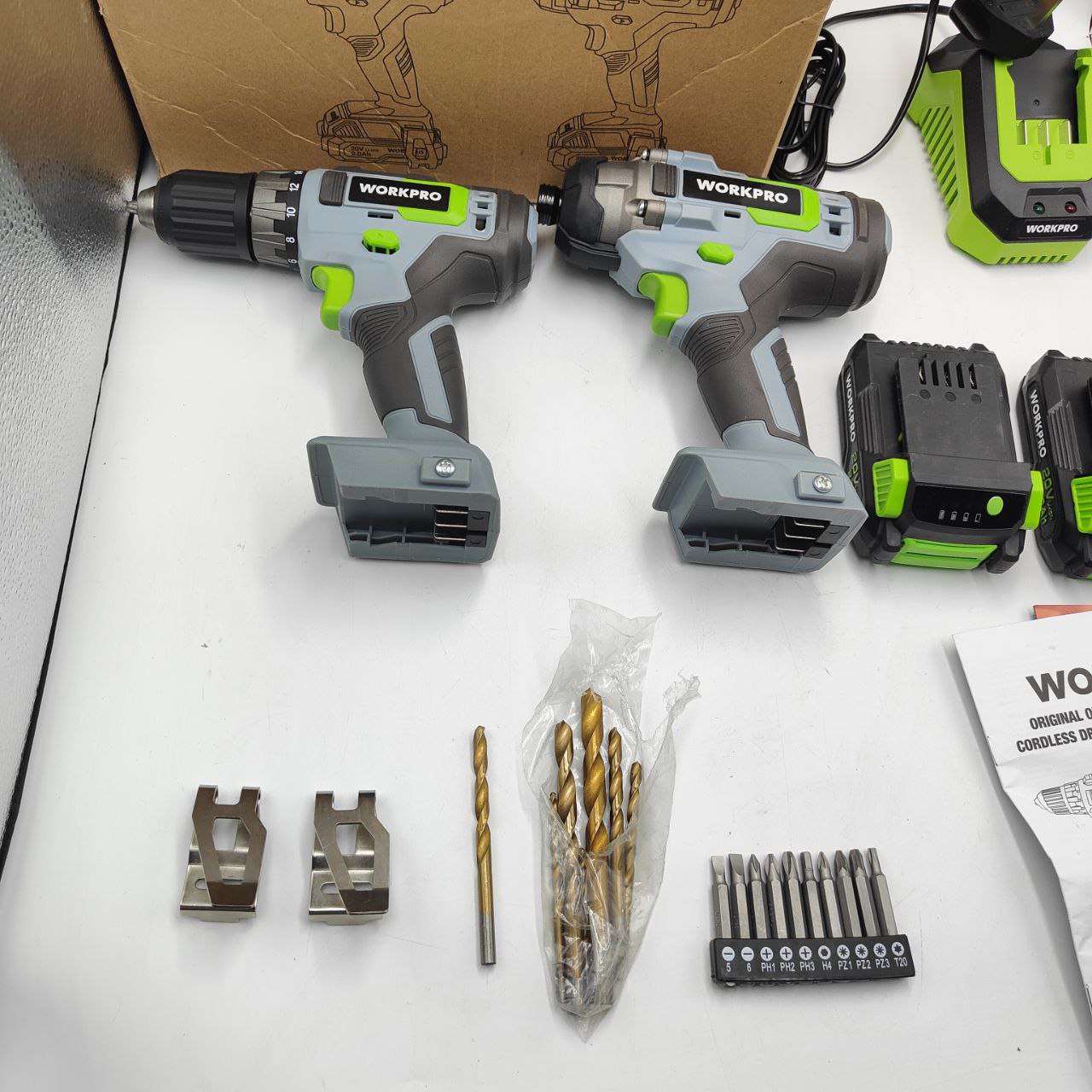 WORKPRO 20V Cordless Drill & Impact Driver, 2 x 2.0Ah Batteries, Charger