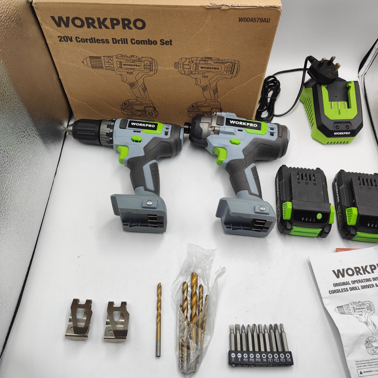 WORKPRO 20V Cordless Drill & Impact Driver, 2 x 2.0Ah Batteries, Charger