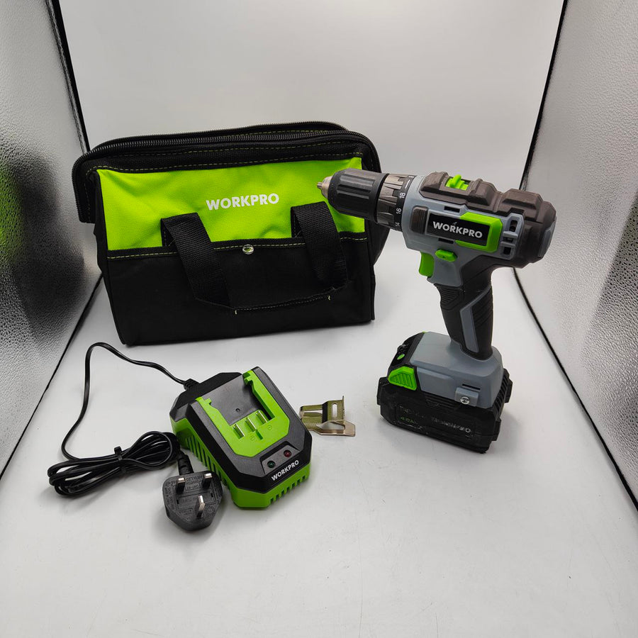 WORKPRO 20V Cordless Drill Driver, 4000mAh Battery, Quick Charger, LED Light