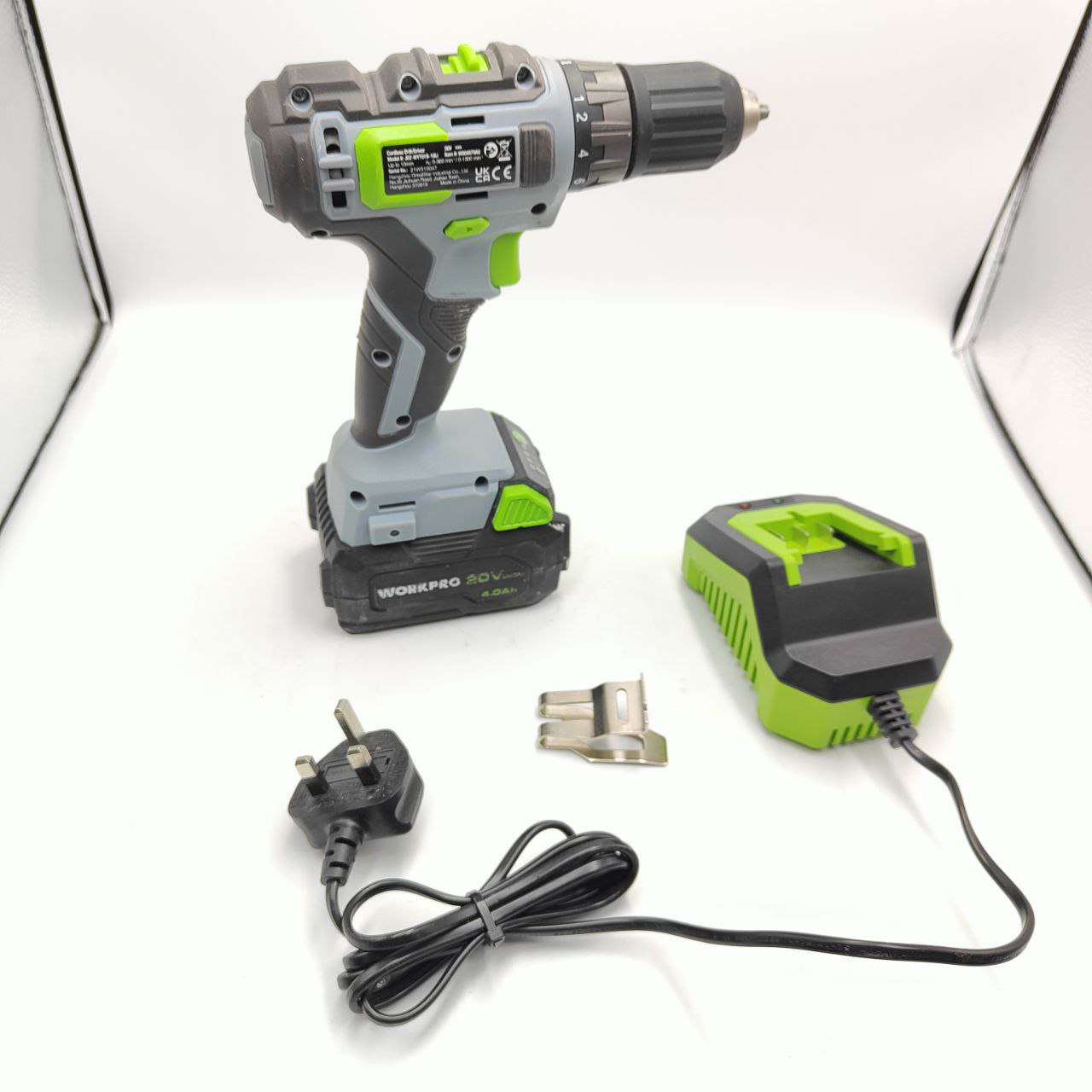 WORKPRO 20V Cordless Drill Driver, 4000mAh Battery, Quick Charger, LED Light