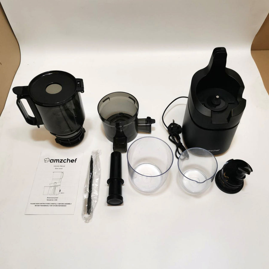 AMZCHEF Cold Press Juicer features a 135mm opening, 1.8L capacity, and triple filter for efficient juicing, perfect for batch preparation.