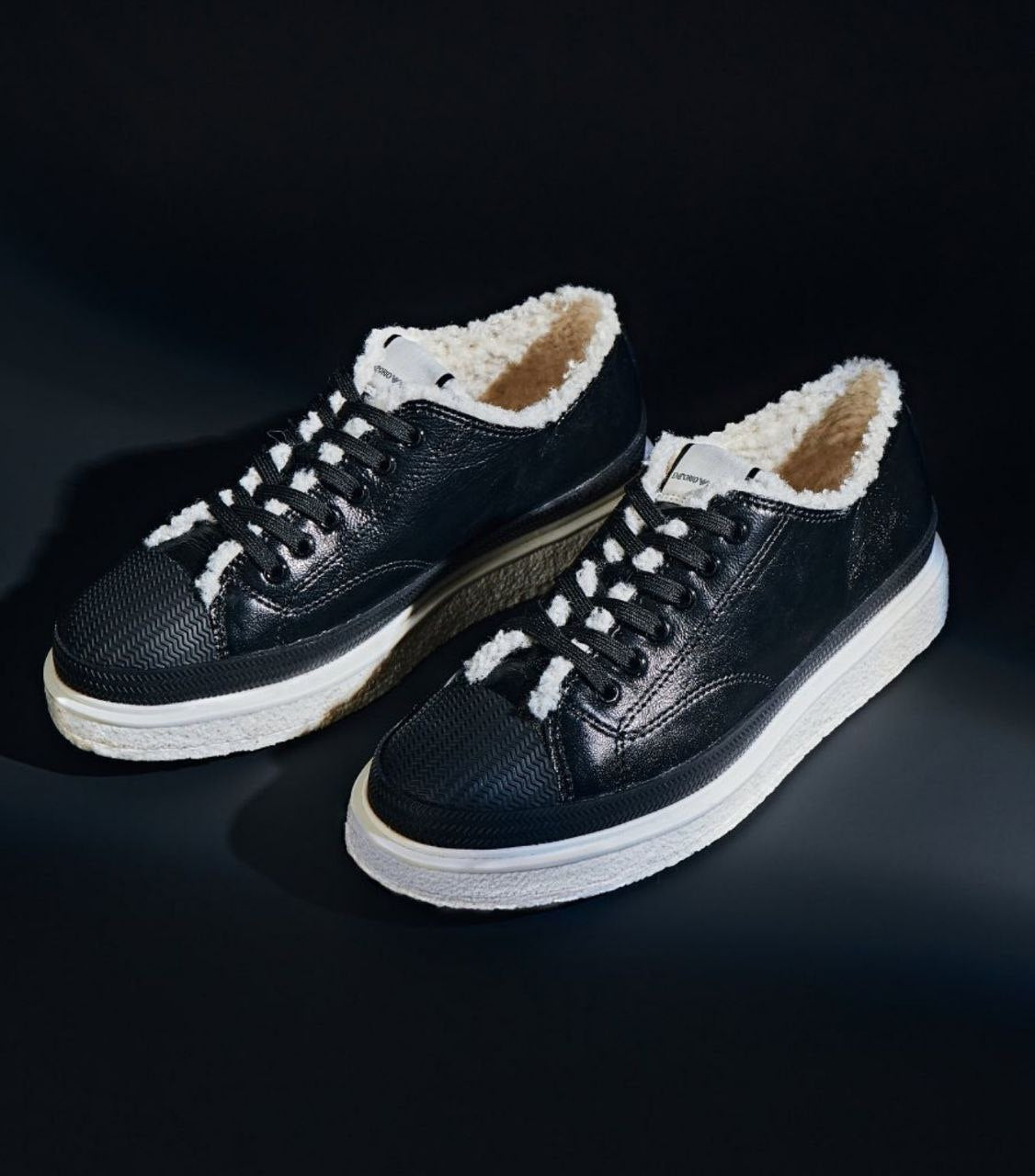 Armani Black Leather Sneakers, Faux Fur, Textured Sole, Women's UK 5 / EU 38