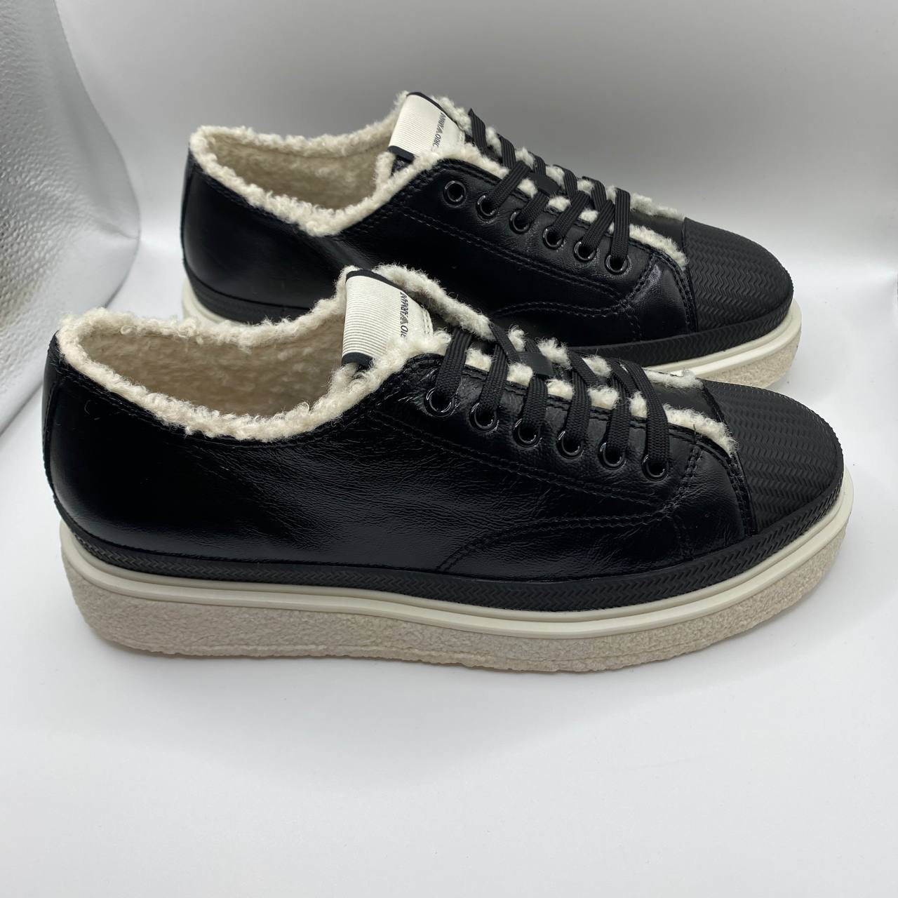 Armani Black Leather Sneakers, Faux Fur, Textured Sole, Women's UK 5 / EU 38