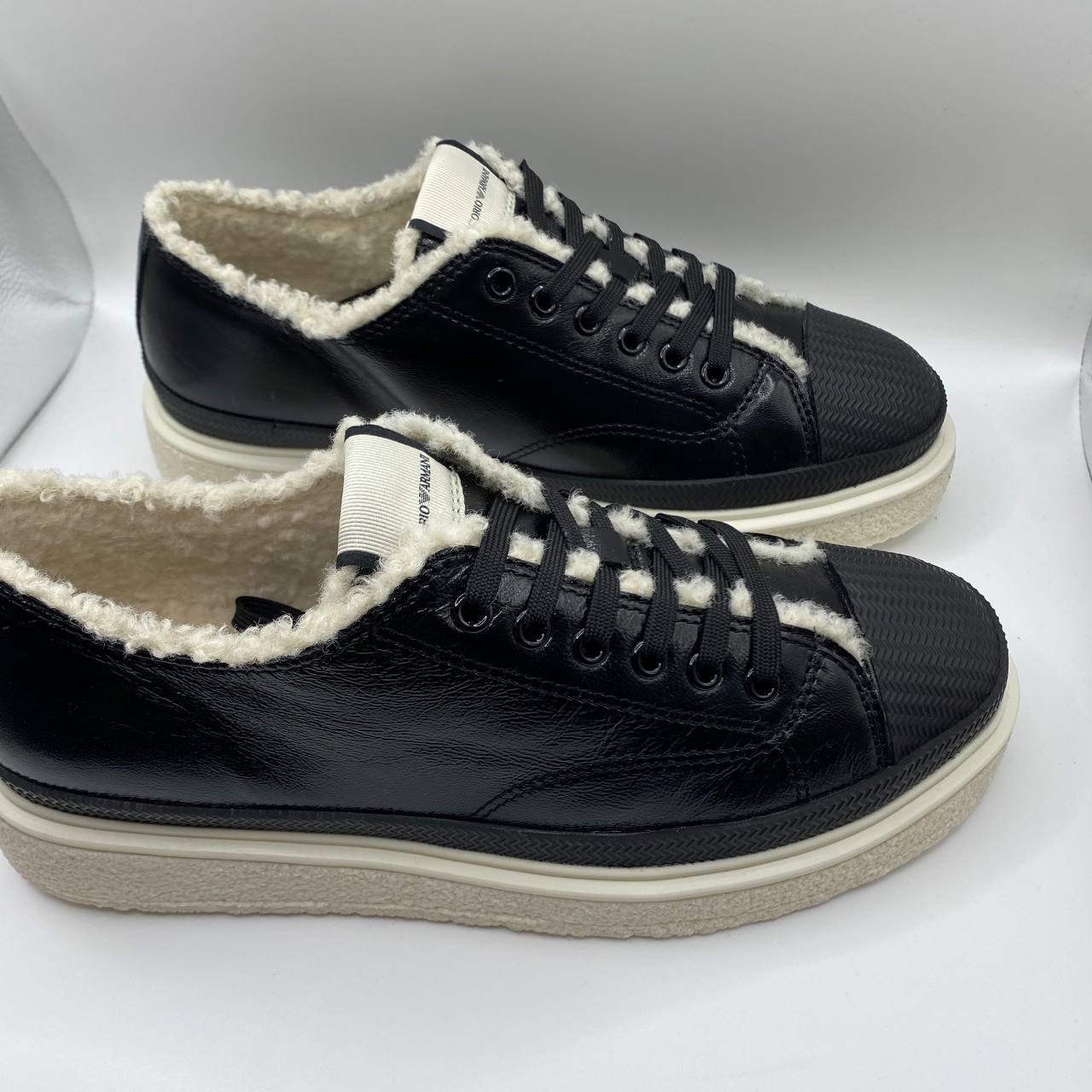 Armani Black Leather Sneakers, Faux Fur, Textured Sole, Women's UK 5 / EU 38