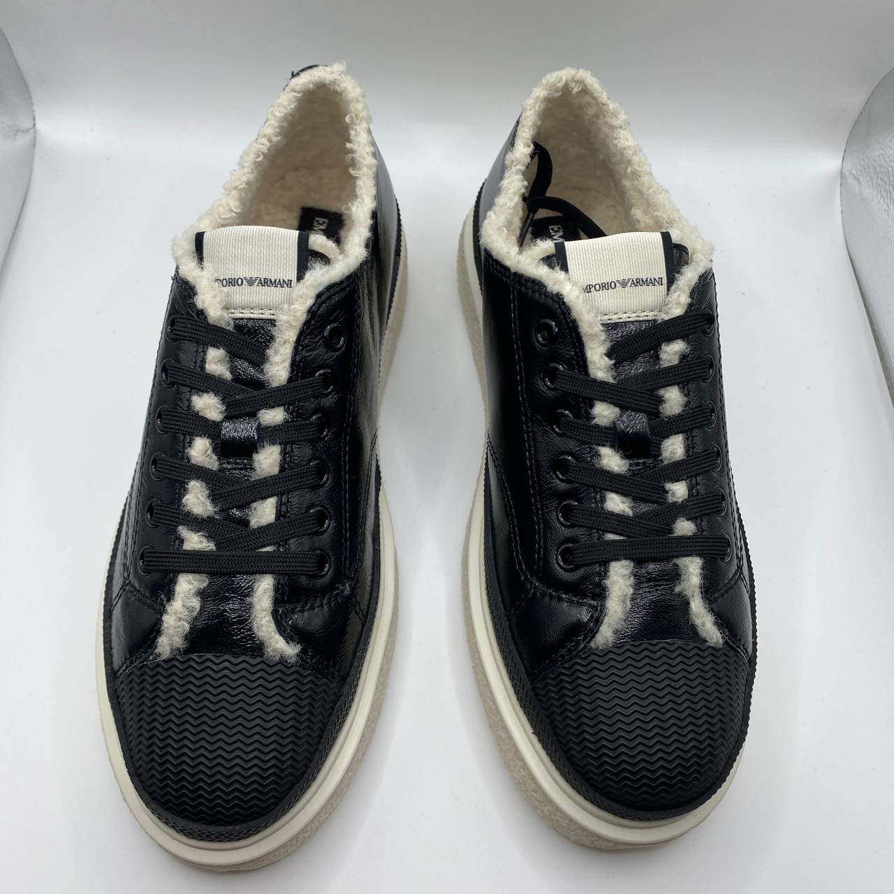 Armani Black Leather Sneakers, Faux Fur, Textured Sole, Women's UK 5 / EU 38