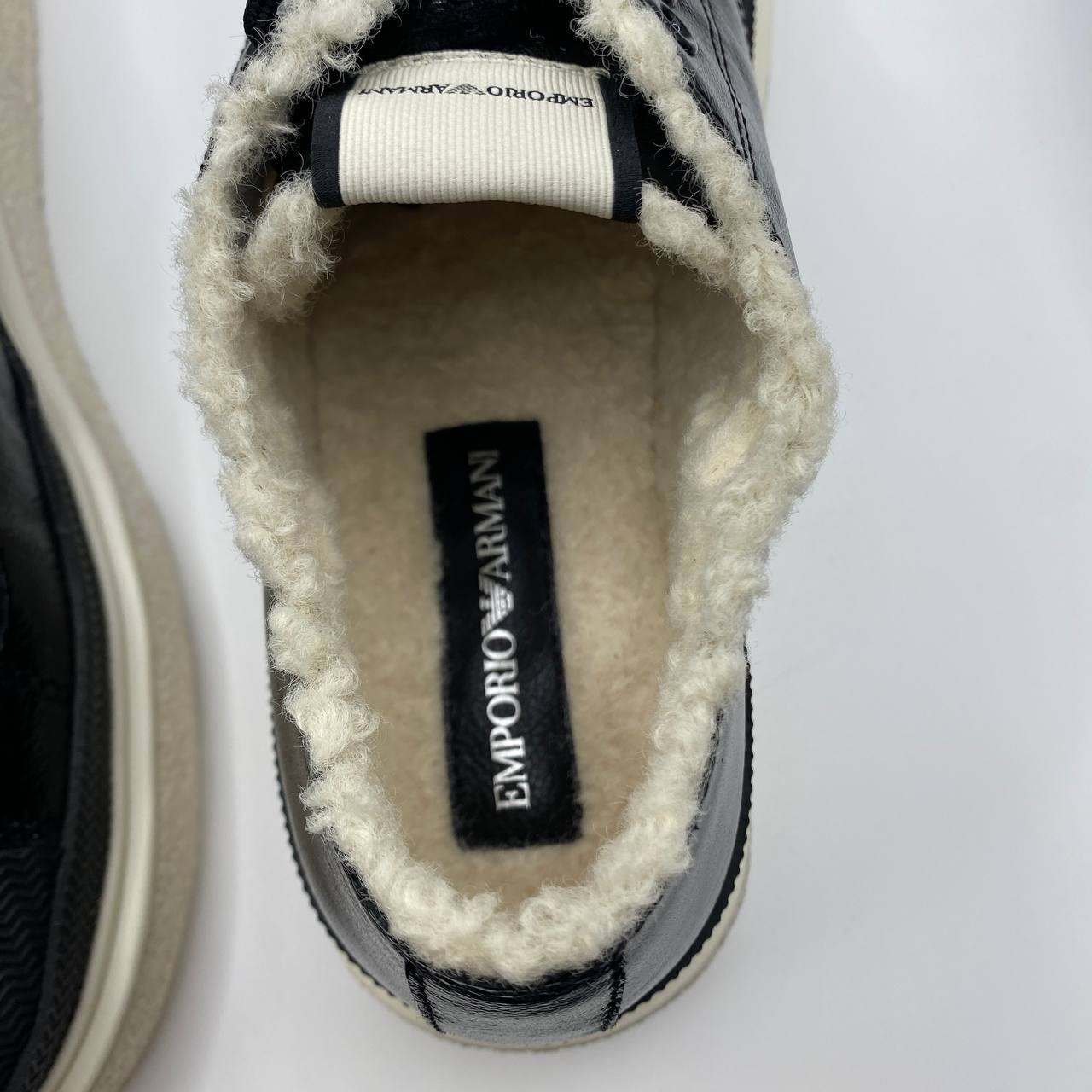 Armani Black Leather Sneakers, Faux Fur, Textured Sole, Women's UK 5 / EU 38
