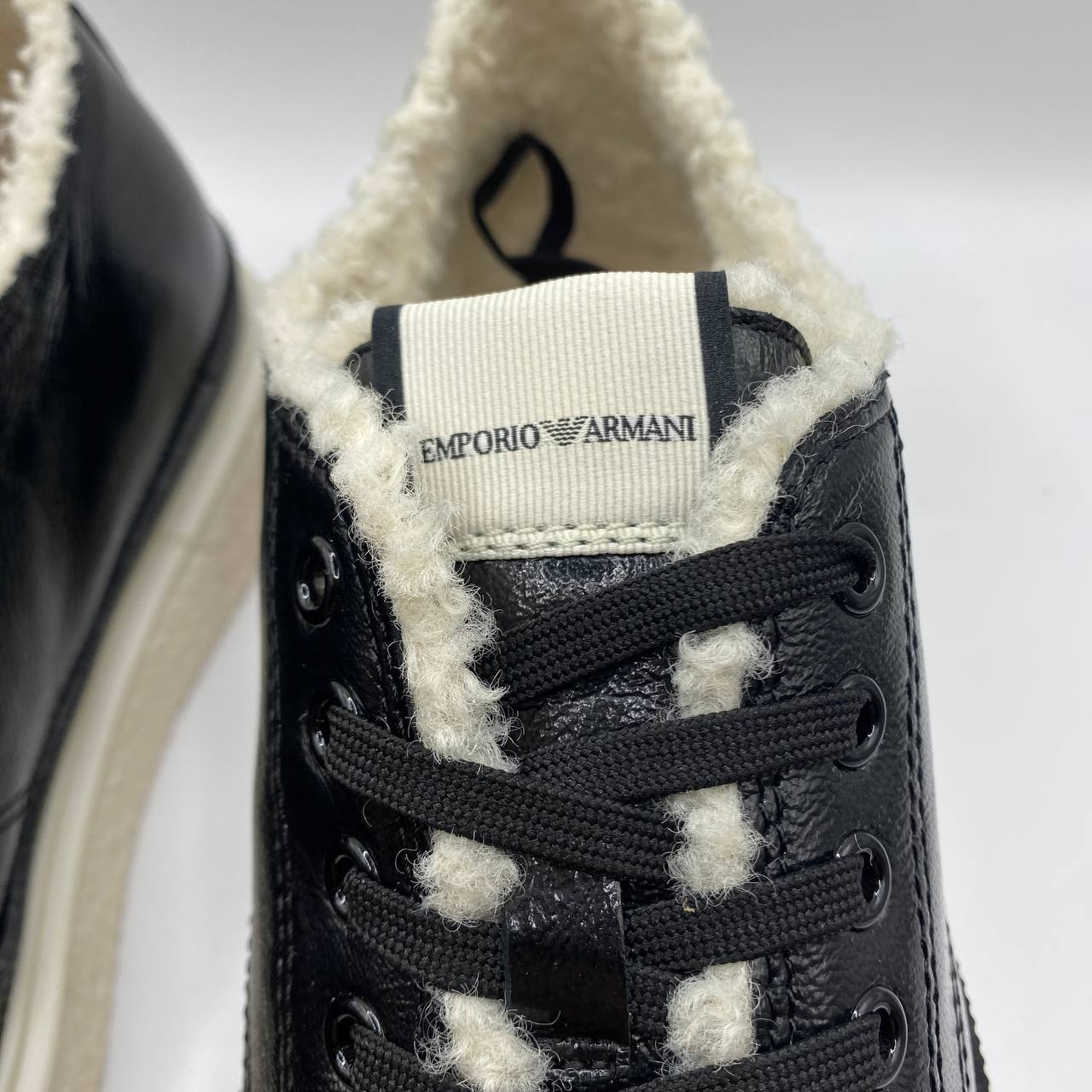 Armani Black Leather Sneakers, Faux Fur, Textured Sole, Women's UK 5 / EU 38