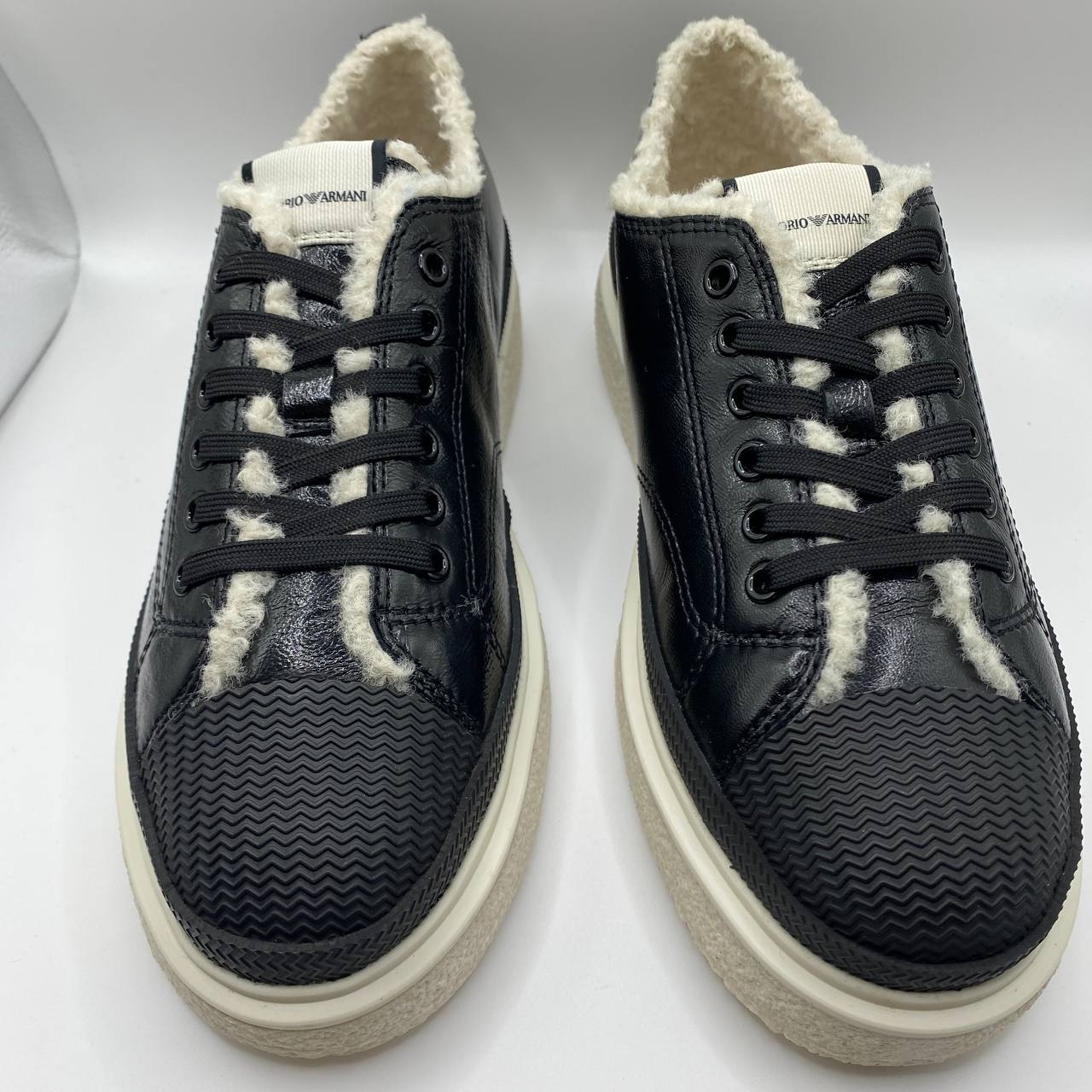 Armani Black Leather Sneakers, Faux Fur, Textured Sole, Women's UK 5 / EU 38