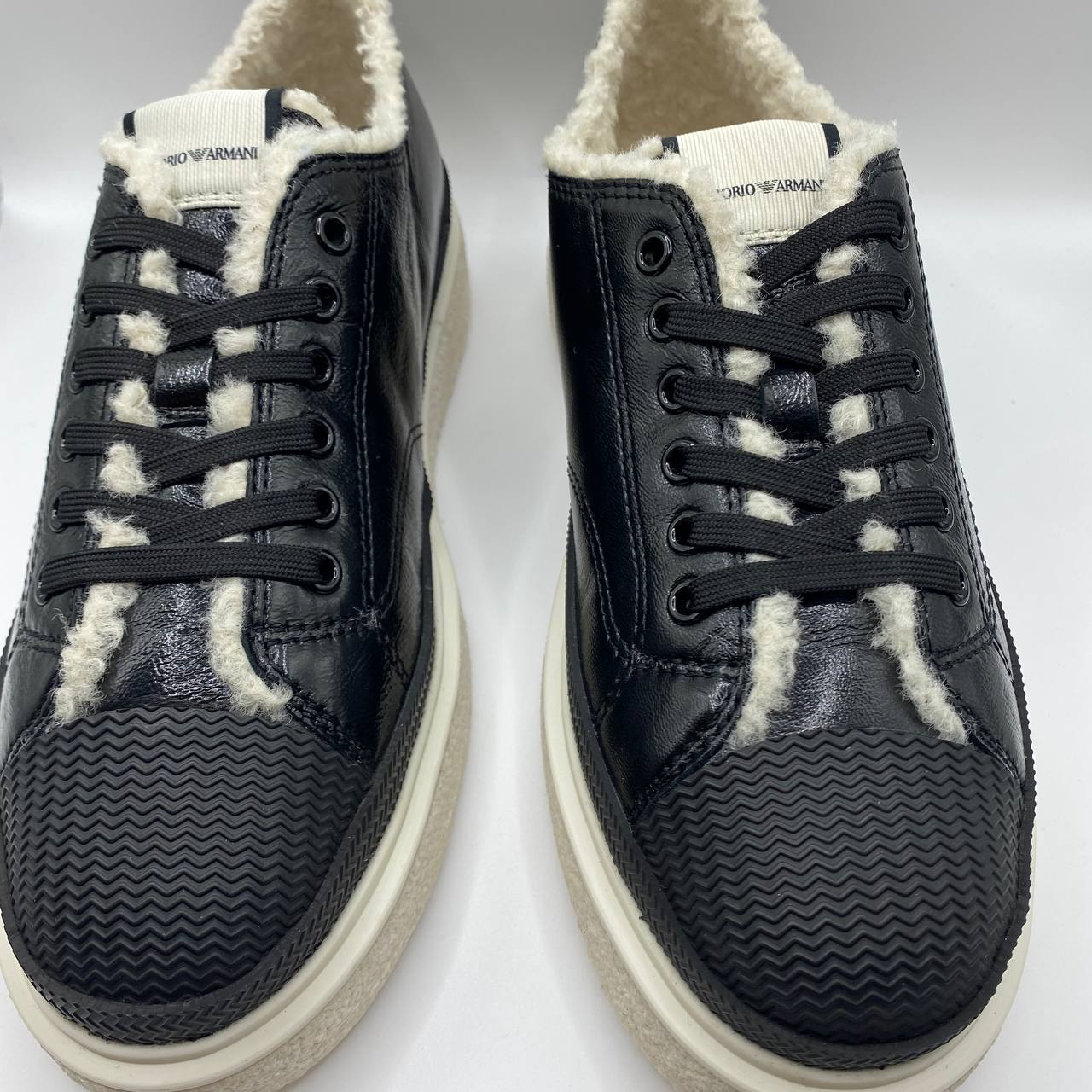 Armani Black Leather Sneakers, Faux Fur, Textured Sole, Women's UK 5 / EU 38