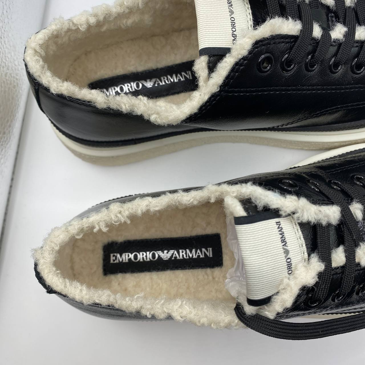 Armani Black Leather Sneakers, Faux Fur, Textured Sole, Women's UK 5 / EU 38