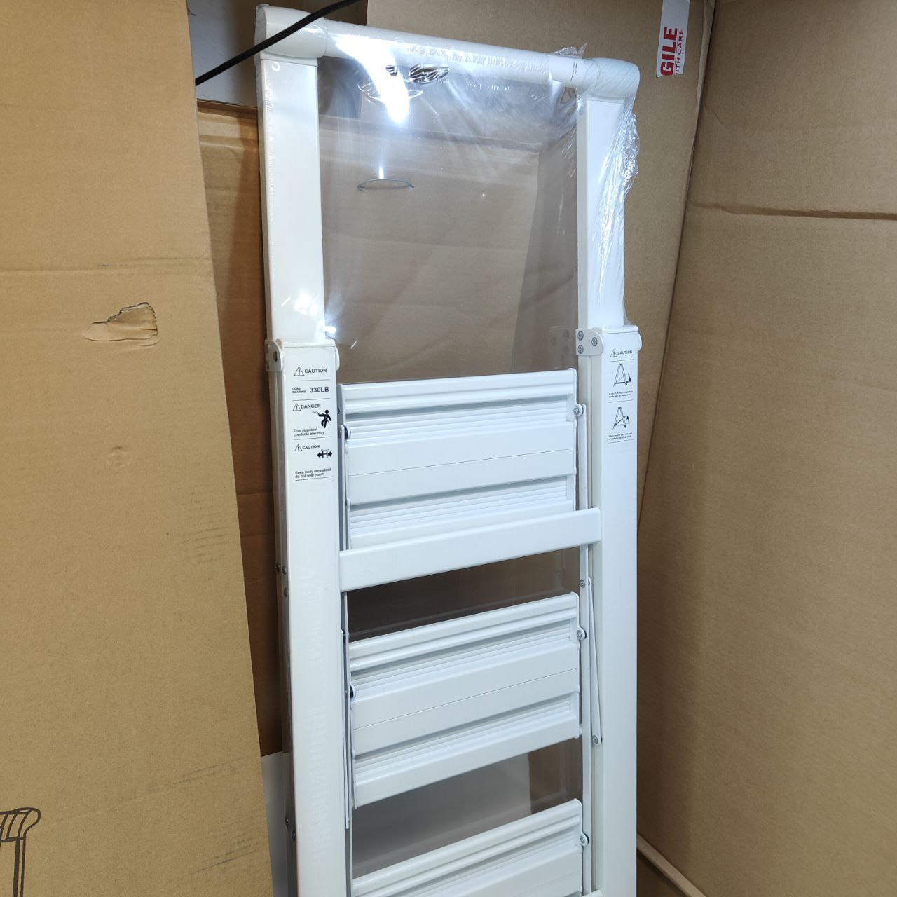 HBTower 5 Step Ladder, Aluminium, Handrails, Foldable, 150kg Capacity, White