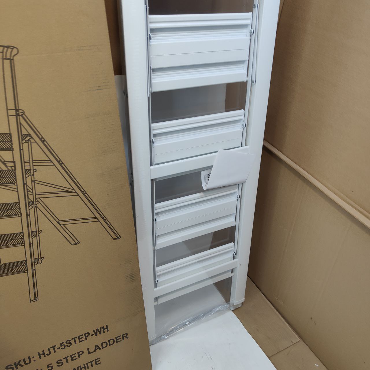 HBTower 5 Step Ladder, Aluminium, Handrails, Foldable, 150kg Capacity, White