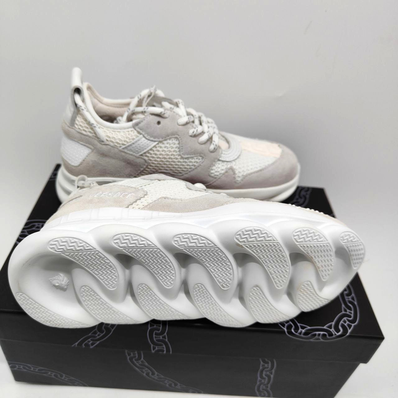 Versace Chain Reaction Sneakers, White Suede, UK 1 / EU 33, Unisex