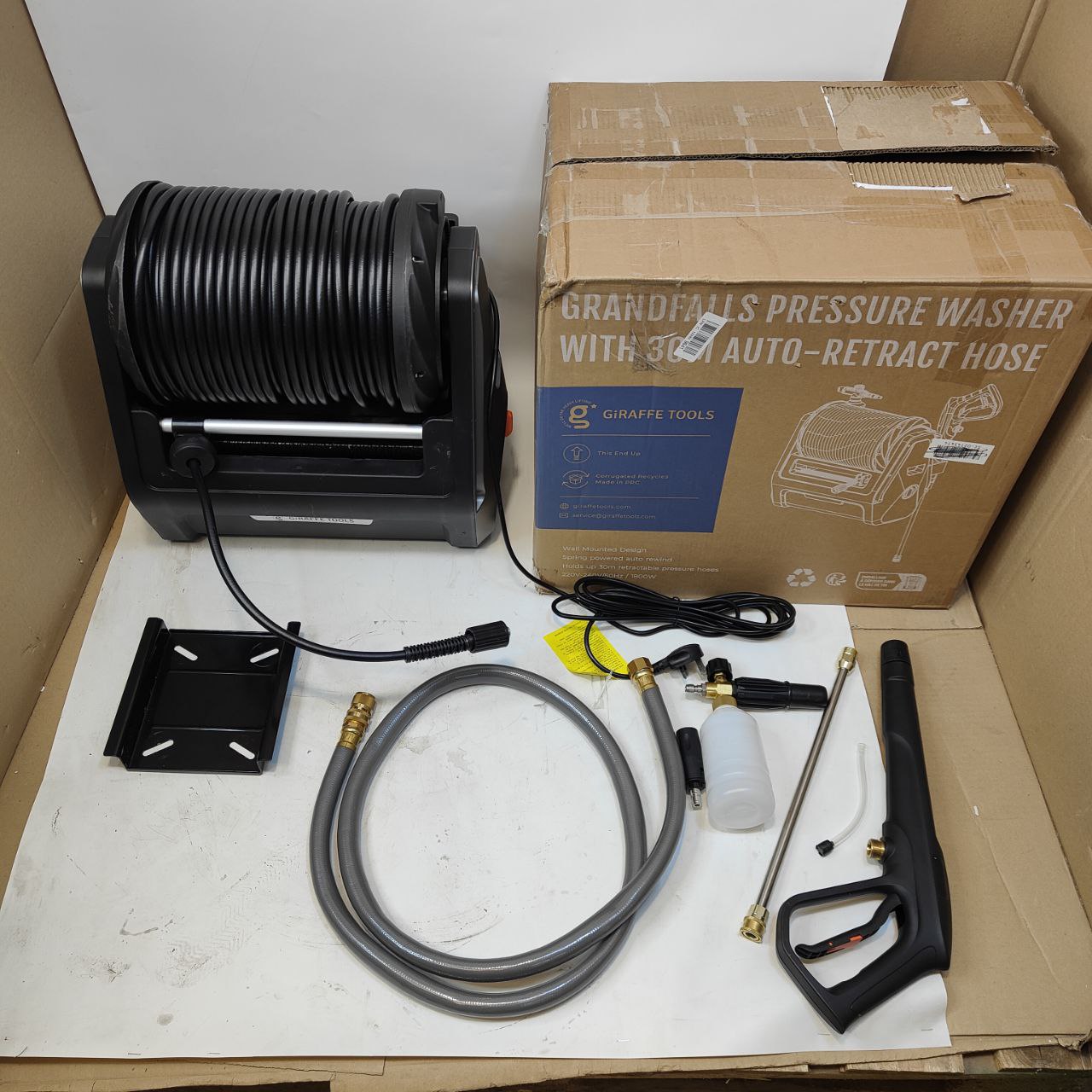 Giraffe Tools Wall Mounted Pressure Washer, 2200PSI, 30M Hose, Foam Cannon, Dark - Massive Discounts