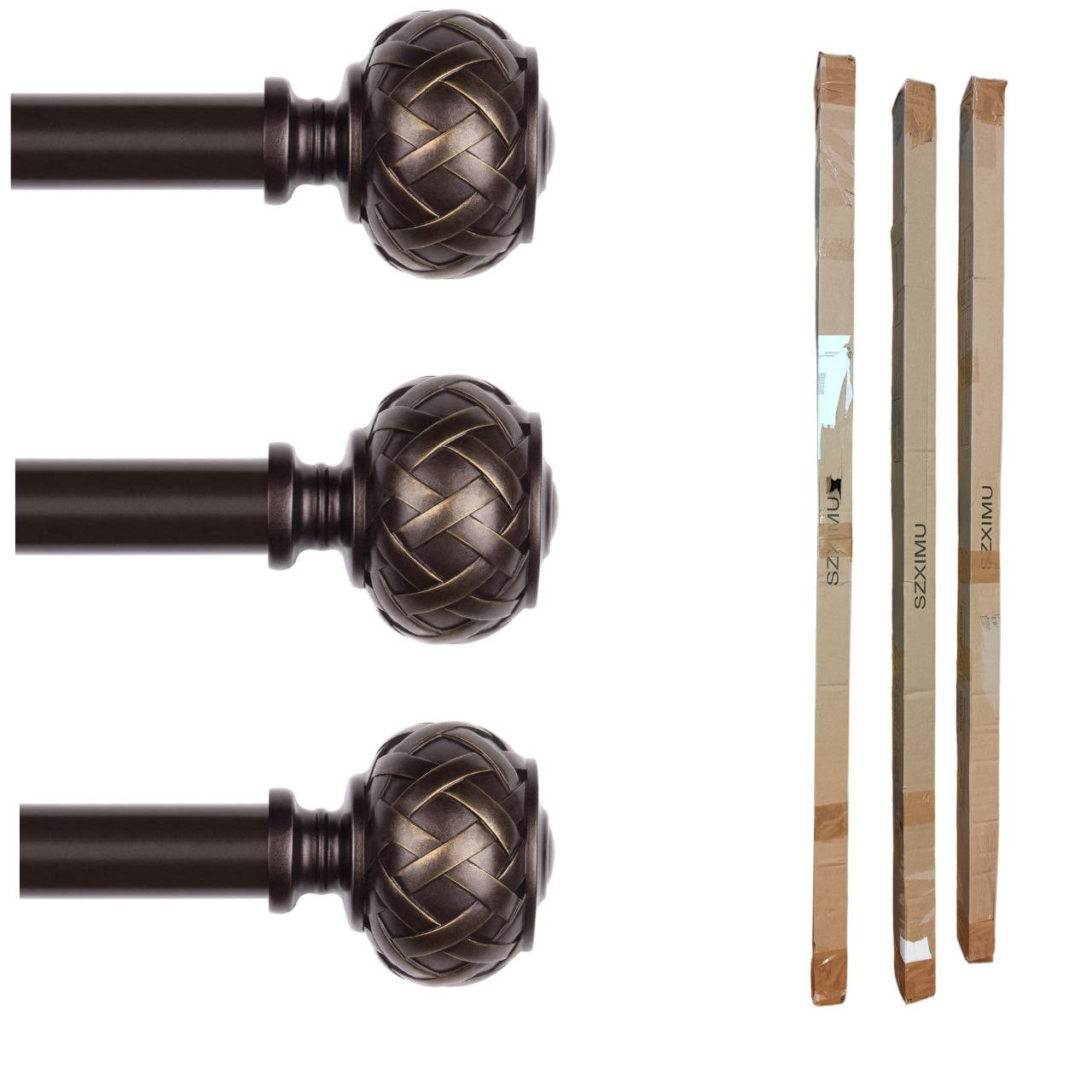 3pcs SZXIMU Curtain Pole 182-365cm (72-144''), Extendable, Netted Finials, Brown