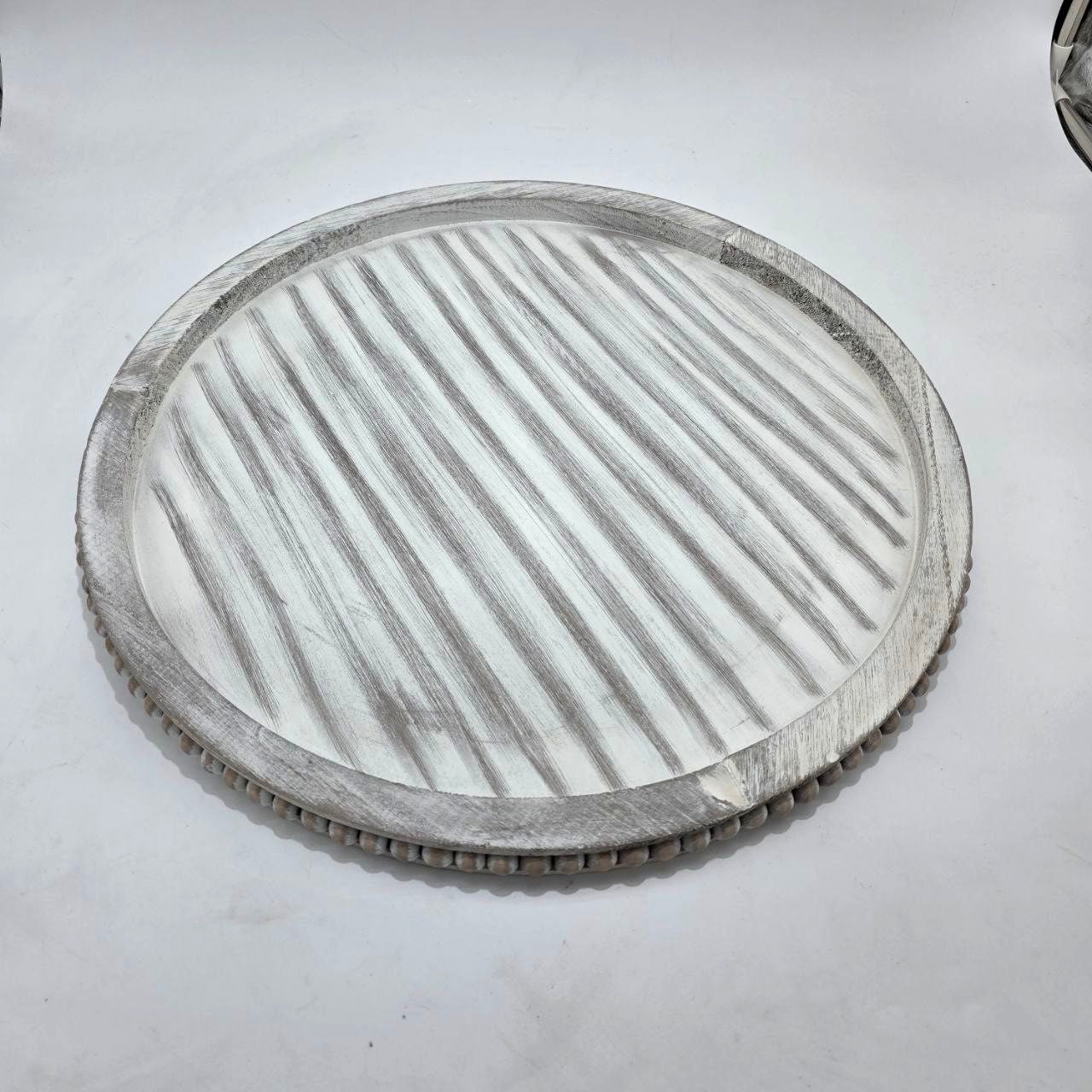 HANOBE Set Round Decorative Tray, Wood Table with Beaded 18 inch/45cm