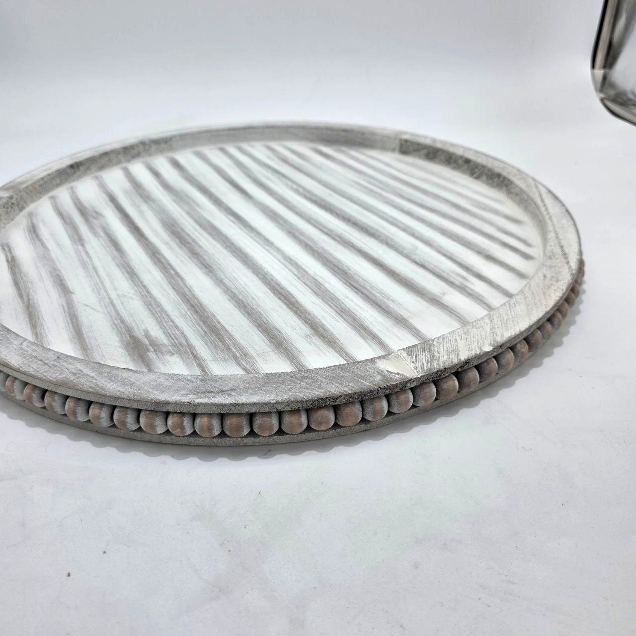 HANOBE Set Round Decorative Tray, Wood Table with Beaded 18 inch/45cm