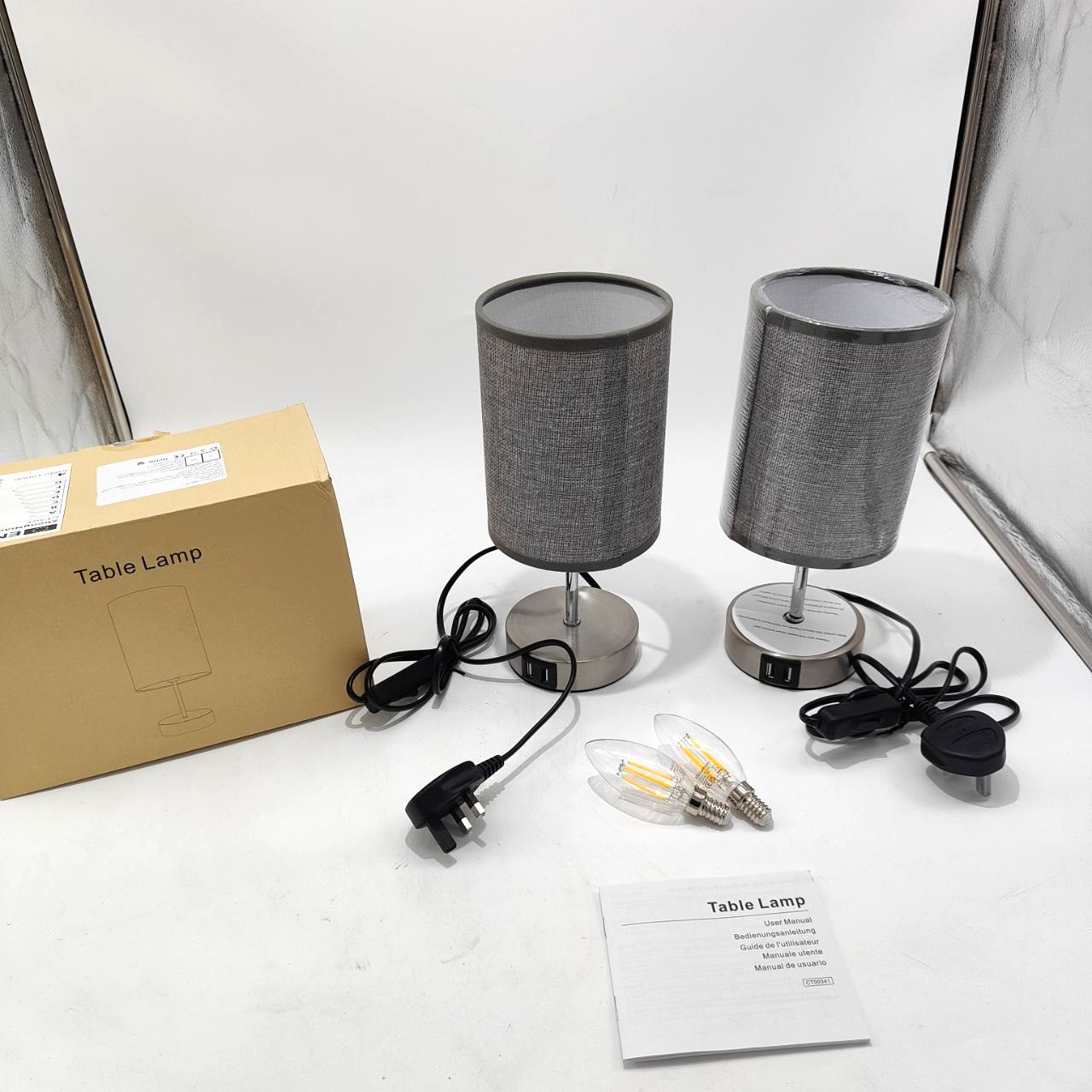 Lightess 2x Touch Bedside Lamps Grey, USB, Dimmable, E14 Bulbs Included