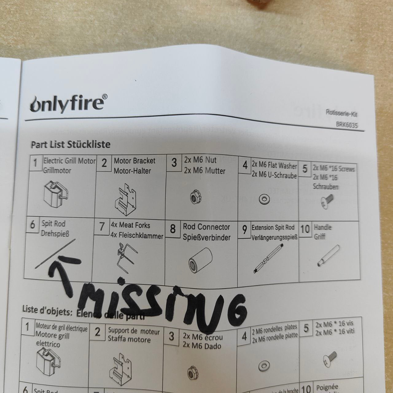 Onlyfire part list with missing item '6' on a beige background