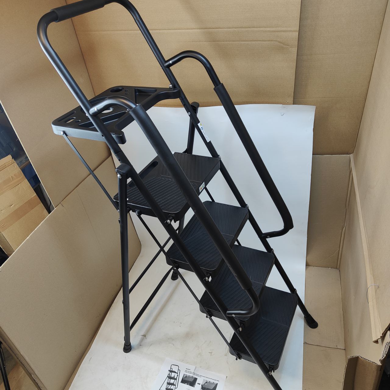 EPROSMIN 4-Step Ladder with Handrails – Folding Step Stool – Damaged Tool Tray