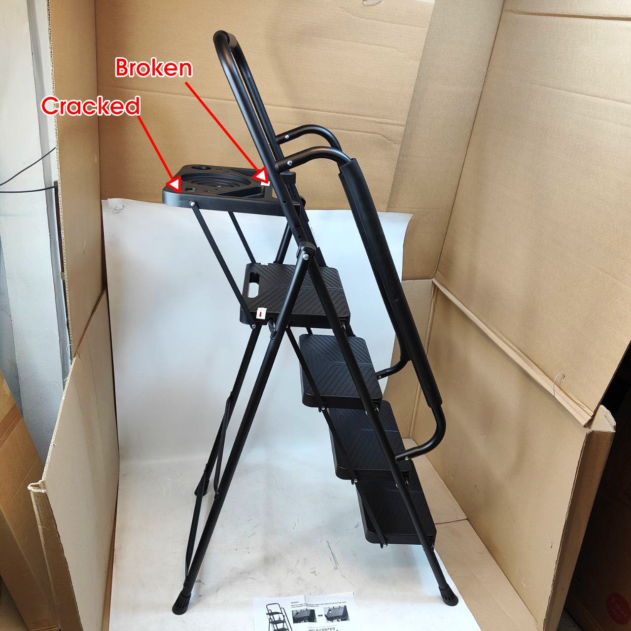 EPROSMIN 4-Step Ladder with Handrails – Folding Step Stool – Damaged Tool Tray