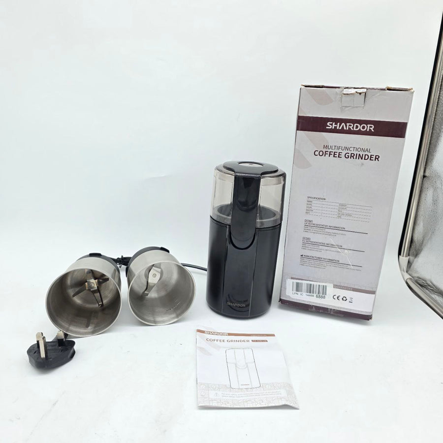 Shardor coffee grinder with attachments and packaging on a white background