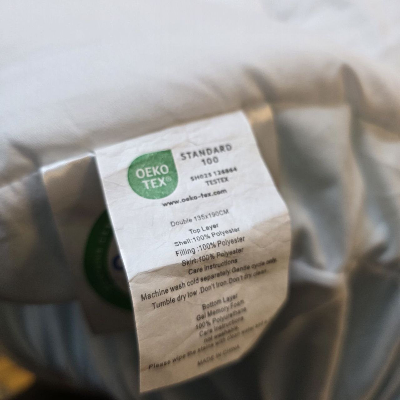 Label with OEKO-TEX certification on a product packaging