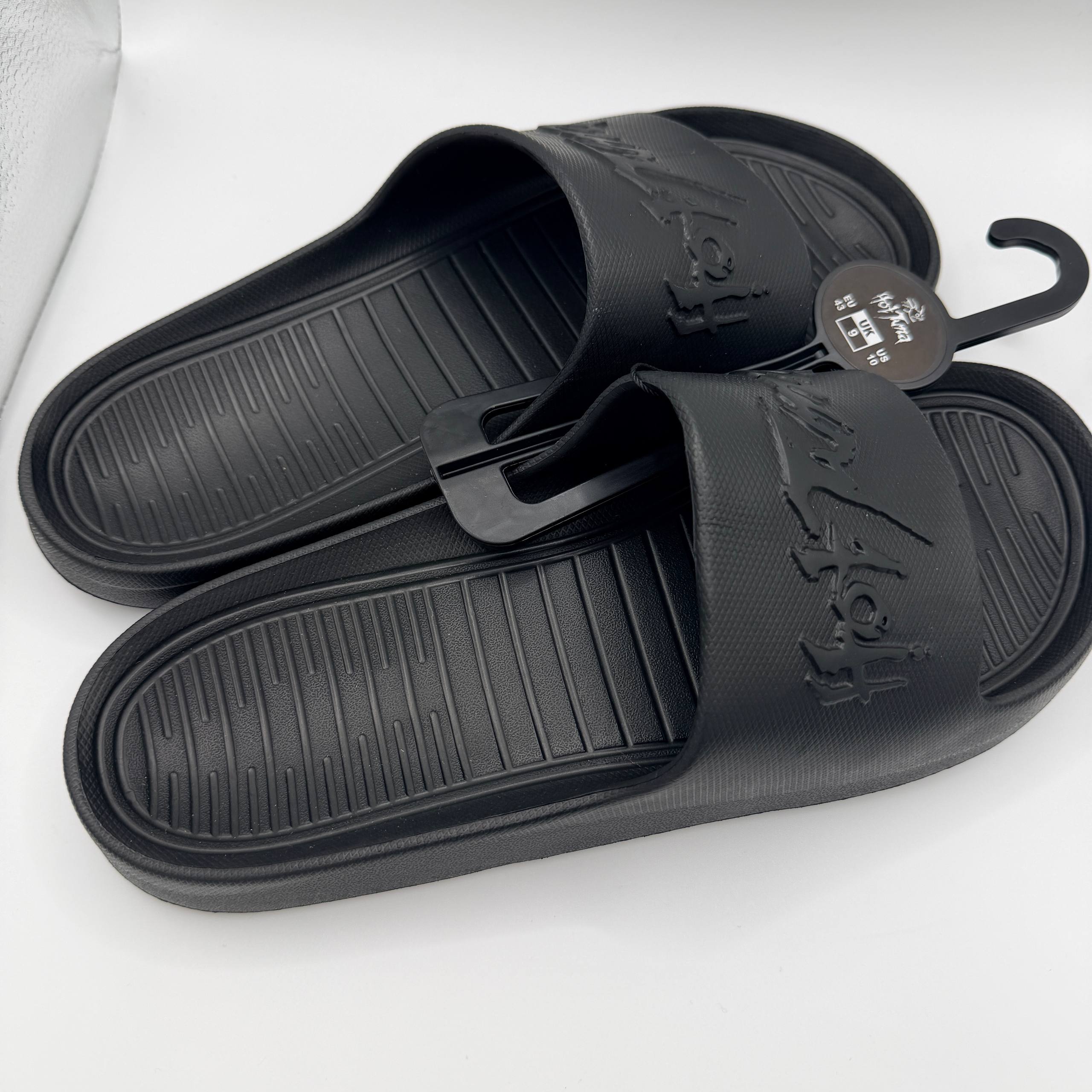 Black slides with a brand logo on a white background